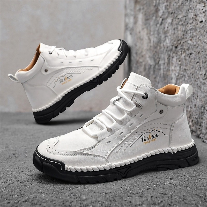Men's White Handmade Casual Boots with Lace-Up Design, Non-Slip Sole and Lightweight Comfort, Stylish Streetwear Boots for Daily Wear and Travel4