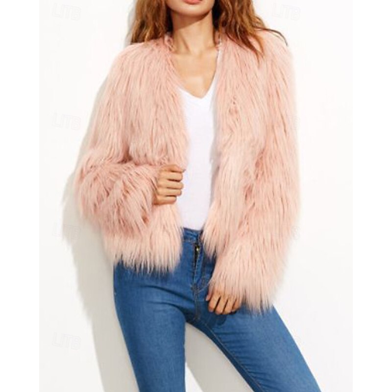 Women's Faux Fur Coat Warm Comfortable Furs & Leathers Fashion Plain Vacation Street Going out Weekend Regular Crewneck Regular Fit Long Sleeve Outerwear Black White Pink Fall Winter4