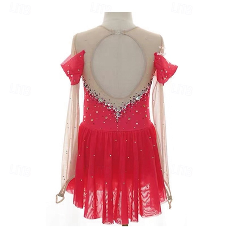 Figure Skating Dress Women's Girls' Ice Skating Dress Dark Pink Patchwork Thumbhole Mesh Spandex Stretchy Training Practice Professional Skating Wear Thermal Warm Crystal / Rhinestone Long Sleeve Ice2