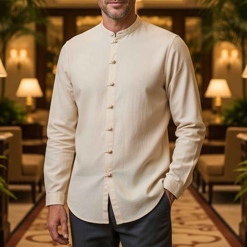 Men's Shirt Linen Shirt Chinese Collar Shirt Mandarin Collar Shirt Casual Shirt Cotton Linen Shirt Plain Vacation Casual Black White Pink Wine Long Sleeve Grandad Collar Spring & Summer Clothing