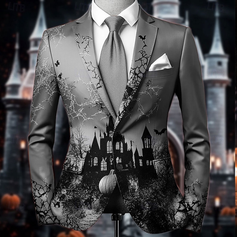 Men's Pumpkin Castle Blazer Jacket Comfortable Artistic Casual Party Evening Wear Daily Festival 3D Print Buttons Multi Pocket Spring Fall & Winter Notch Long Sleeve Red Purple Orange4