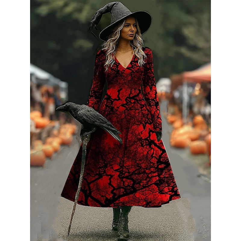 Halloween Women's Midi Dress A Line Dress Vacation Casual Boho Beach Regular Fit Graphic Abstract Long Sleeve V Neck White Dark Red Wine Brown Spring Fall Winter3