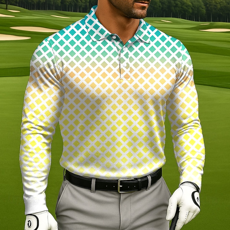Men's Geometic Golf Polo Long Sleeve Polo Shirts Lapel Casual Athleisure Daily Wear 3D Print Buttons Spring Fall Winter Blue Green2