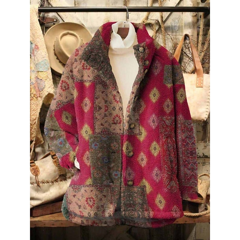 Women's Fleece Jacket Casual Jacket Comfortable Breathable Pocket Print Casual Floral Vacation Street Casual Daily Wear Zipper Regular Turndown Regular Fit Long Sleeve Outerwear Red Blue Fuchsia4