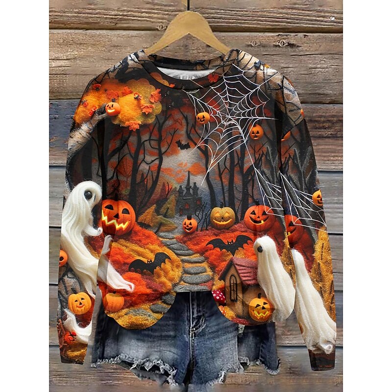 Halloween Women's Pullover Sweatshirt Graphic Skull Fashion Casual Long Sleeve Crew Neck Regular Tops Street Dailywear Casual Print Black Blue Orange Fall Winter