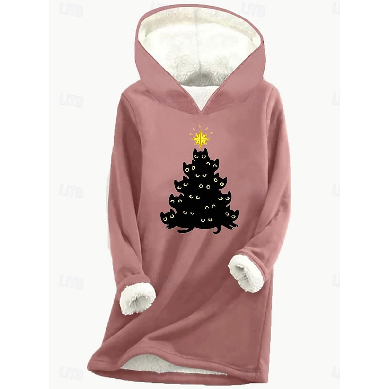 Women's Pullover Hoodie Sweatshirt Graphic Cat Christmas Tree Casual Long Sleeve Hooded Regular Tops Street Dailywear Print Pink Blue Gray Fall Winter