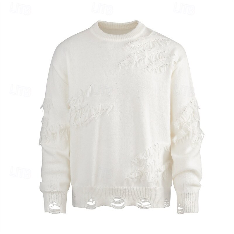 Men's Pullover Sweater Jumper Knit Sweater Ribbed Knit Regular Tops Knitted Ripped Plain Crew Neck Fashion Basic Vacation Daily Wear Clothing Apparel Fall Winter Black Khaki M L XL3