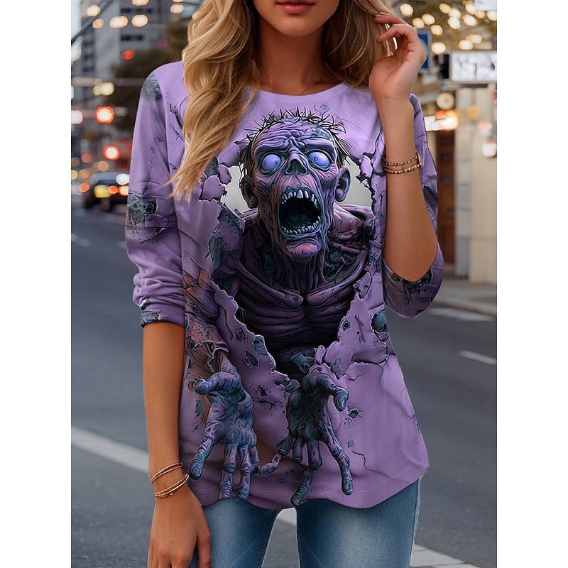 Halloween Women's T Shirt Graphic Skull Vintage Fashion Stylish Long Sleeve Crew Neck Regular Tops Daily Weekend Print Pink Blue Purple Green Spring Fall Winter4