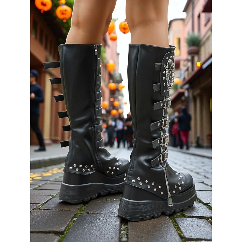 Women's Gothic Skull Platform Knee High Boots - Black Faux Leather Buckled Halloween Punk Rock Boots for Festivals, Cosplay and Streetwear4
