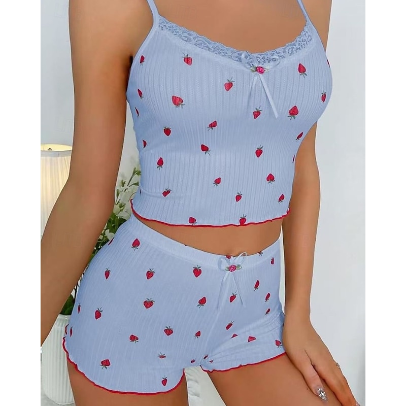 Women's Pajamas Loungewear Pajama Set Casual Fruit Lace Backless Strap Top Shorts Home Daily Bed Sleeveless Black Pink Blue Beige Summer Spring Regular Fit4
