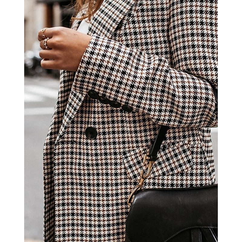 Women's Blazer Comfortable Pocket Elegant Fashion Outdoor Lattice Going out Casual Daily Weekend Double Breasted Regular Lapel Regular Fit Long Sleeve Outerwear Black Spring Fall4