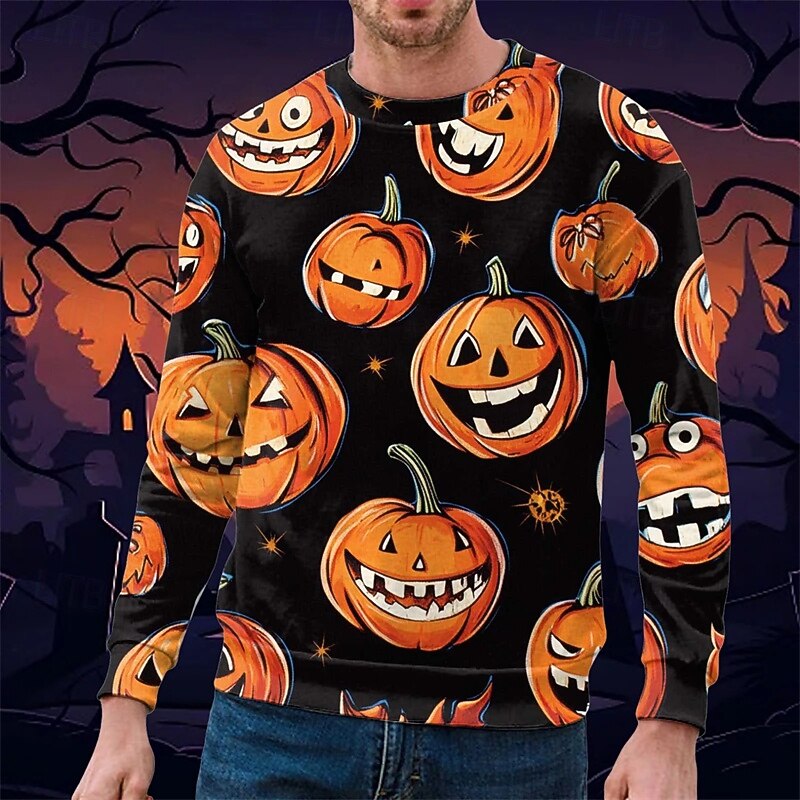 Men's Sweatshirt Yellow / Black Yellow & Black Black Yellow Orange Crew Neck Pumpkin Print Halloween Sports & Outdoor Daily Polyester Streetwear Basic Casual Spring Fall Clothing Apparel Hoodies