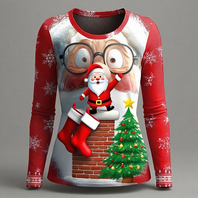 Christmas Women's T Shirt Graphic Santa Claus Fashion Casual Long Sleeve Crew Neck Regular Tops Daily Weekend Print White Red Green Summer Spring Fall3