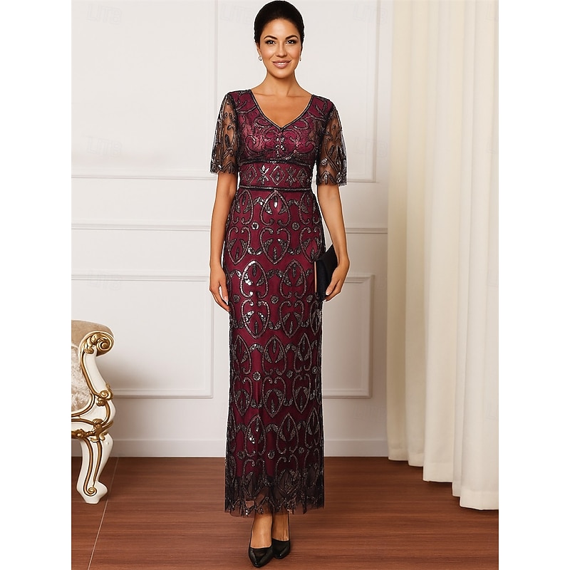 Sheath / Column Mother of the Bride Dress Elegant Vintage Sparkle & Shine V Neck Ankle Length Sequined Polyester Half Sleeve with Beading