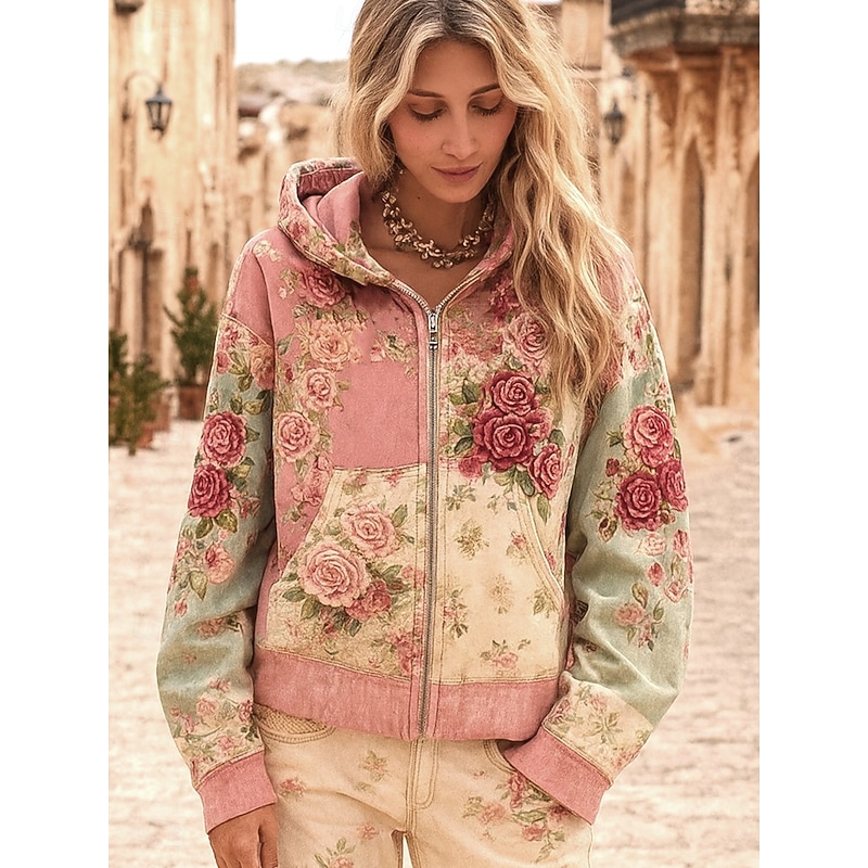 Women's Zip Up Hoodies Floral Graphic Fashion Casual Long Sleeve Hooded Regular Tops Street Dailywear Patchwork Zipper Pocket Pink Spring Fall