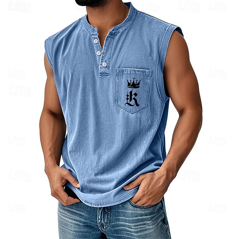 Men's Vest Top Undershirt Sleeveless Shirt Sleeveless Henley All Seasons Letter Fashion Designer Pocket Vacation Street Going out Black Pink Dark Navy Top Tee for Men
