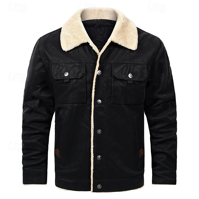 Men's Faux Leather Jacket Winter Jacket Fleece Jacket Casual Jacket Vacation Daily Thermal Warm Pocket Fleece Fall Winter Plain Fashion Streetwear Lapel Regular Black Jacket2