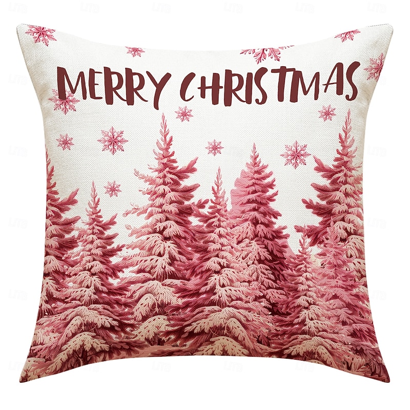 Pink Reindeer Christmas Pillow Covers, Linen Letter Print Decorative Throw Cushions, Festive Sofa & Living Room Accent Pillows2