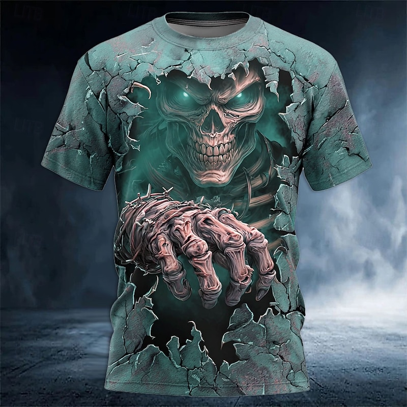 Halloween Men's Optical Illusion Grim Reaper 3D T Shirt Short Sleeve T shirt 3D Print Crew Neck Shirt Exaggerated Designer Horror Party Street Holiday Lake Blue Red Blue Summer Spring All Seasons2
