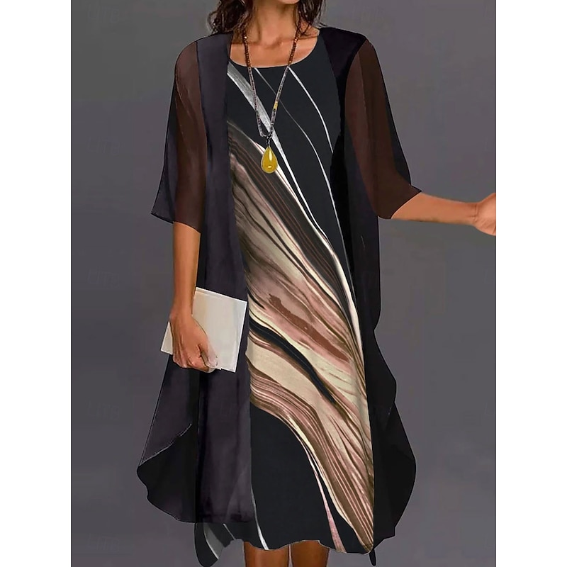 Women's Dress Set A Line Dress Vacation Casual Graphic Stripe Layered Print Mini Dress Half Sleeve Crew Neck Daily Black Blue Beige Summer Spring Loose Fit2