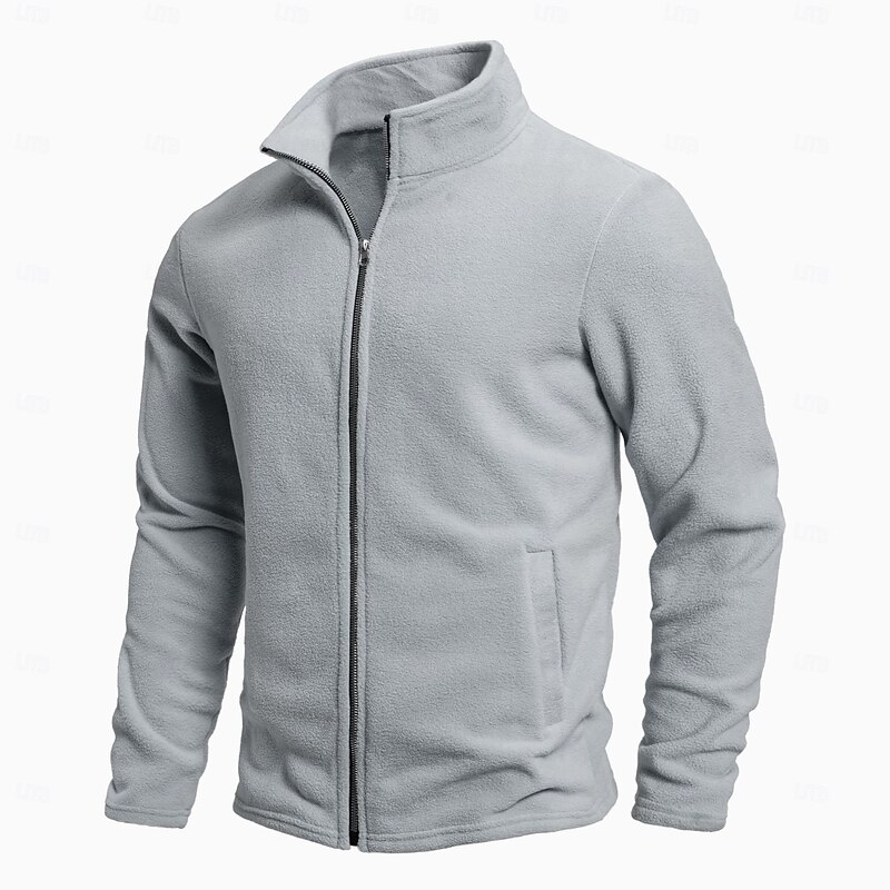 Men's Fleece Jacket Formal Home Thermal Warm Pocket Plain Fall Solid Color Active Neutral High Neck Regular Blue Green Beige Gray Jacket3
