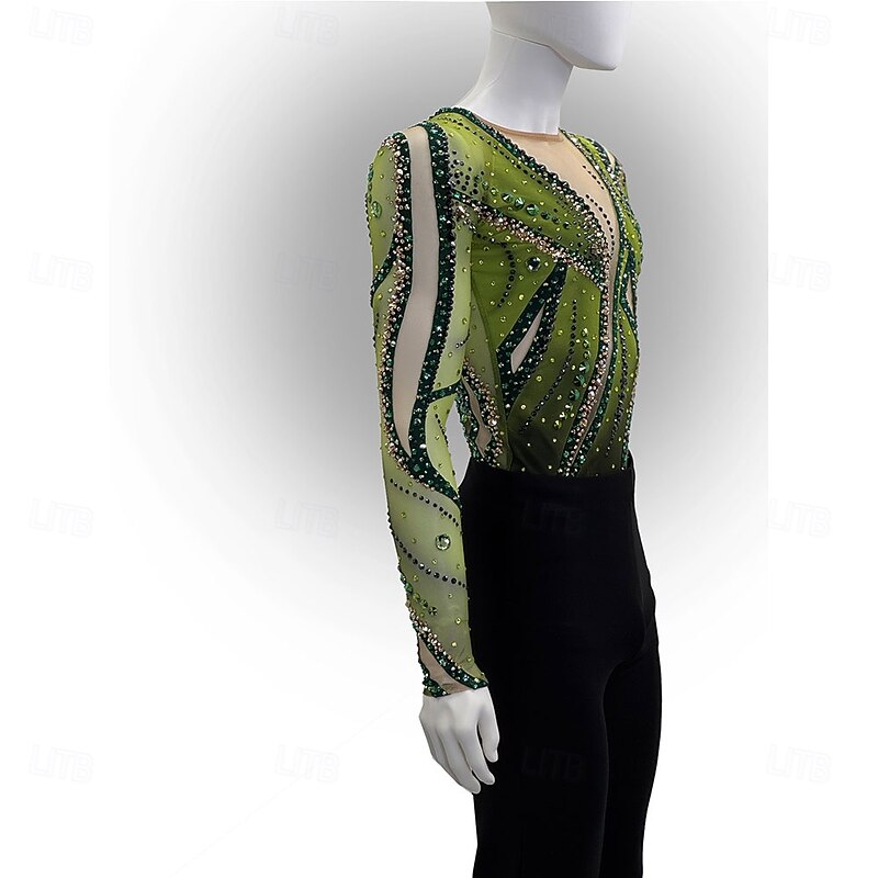Figure Skating Top Men's Boys' Ice Skating Tops Green Patchwork Mesh Spandex High Elasticity Training Competition Skating Wear Classic Crystal / Rhinestone Long Sleeve Ice Skating Figure Skating3