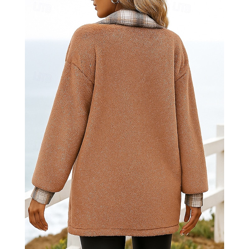 Women's Winter Coat Polar Fleece Jacket Buttons Long Sleeve Top Athleisure Plaid Checkered Windproof Warm Outdoor Travel Sports Sportswear Activewear Black White Red2