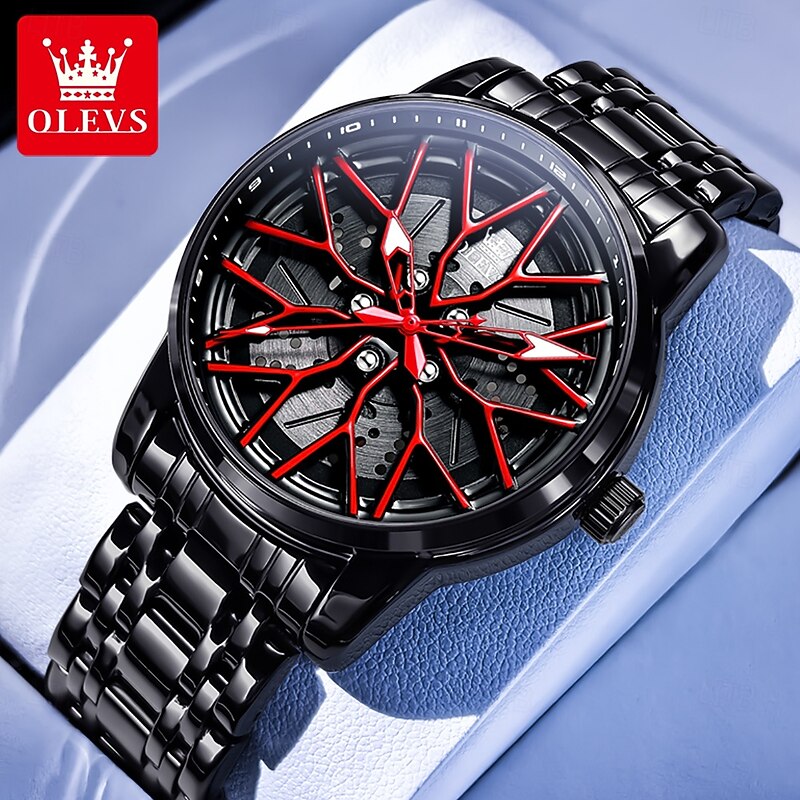 OLEVS 3701 Luxury Quartz Watch for Man 3D Hollowed Rotary Wheel Dial Stainless Steel Waterproof Luminous Men's Wrist Watches2