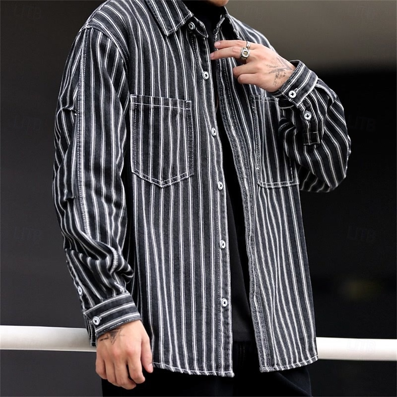 Men's Shirt Casual Shirt Button Up Shirt Denim Shirt Black Blue Long Sleeve Stripe Lapel Vacation Holiday Pocket Clothing Apparel Polyester Fashion Casual Comfortable4