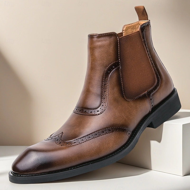 Men's Brown Faux Leather Chelsea Boots – Classic Slip-On Ankle Dress Shoes with Brogue Detailing for Business, Office and Formal Occasions