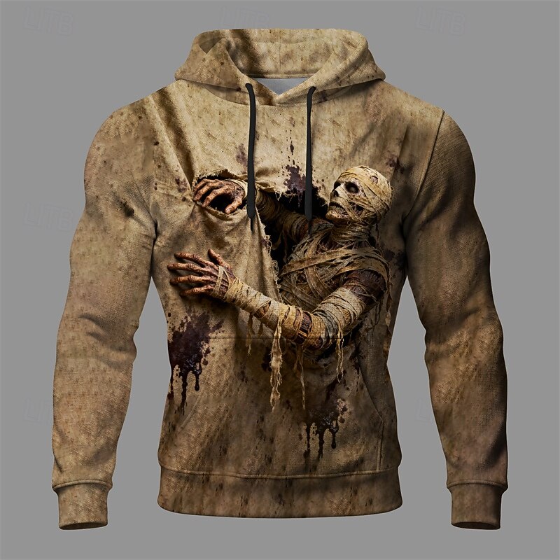 Halloween Men's Graphic Ghost Hoodie Fashion Daily Hooded Vacation Party Streetwear Khaki Drawstring Pocket Printing Fall Winter Designer