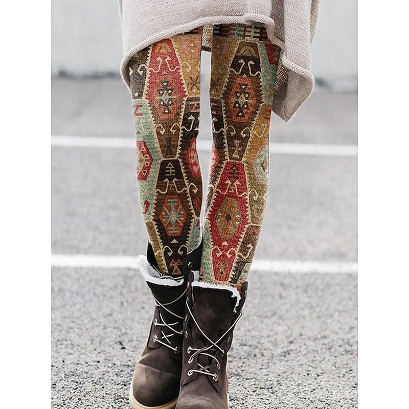 Women's Leggings Vintage Fashion Streetwear Full Length High Waist Graphic Geometric Pattern Printing Thermal Warm Soft Breathable Stretchy Outdoor Vacation Street Yellow Blue Brown Khaki Spring Fall3