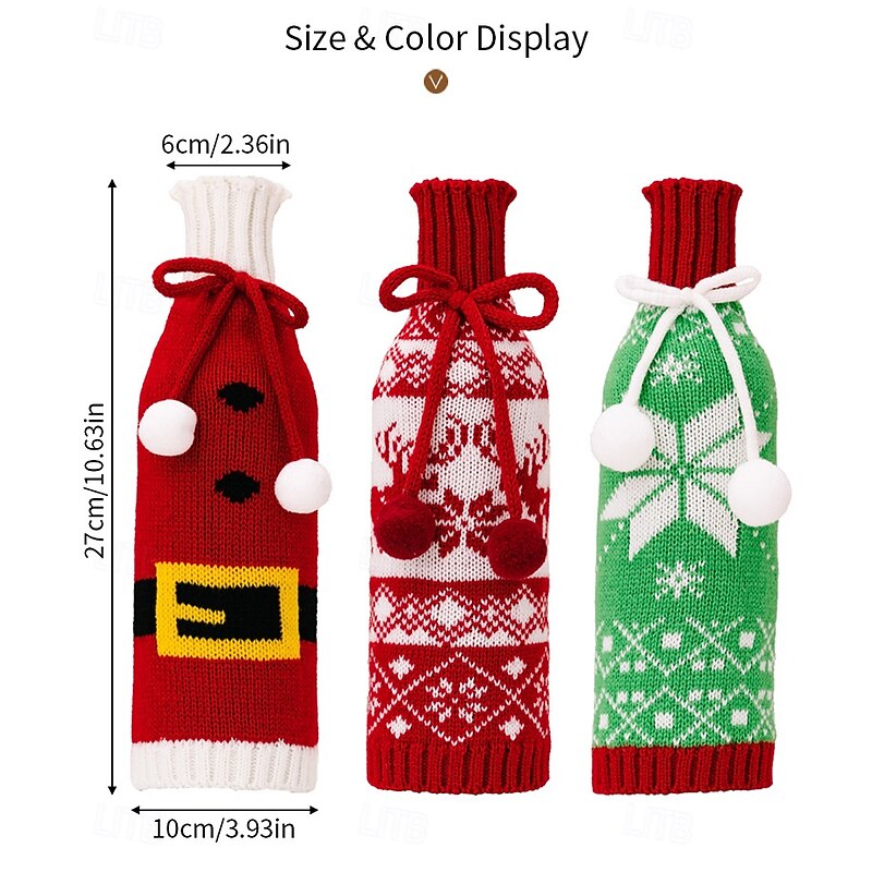 3 Pack Christmas Wine Bottle Covers, Knitted Yarn Champagne Bags, Holiday Red Wine Bottle Decorations, Xmas Snowflake Wine Covers, Party Table Accessories, Reusable Gift Wrapping2