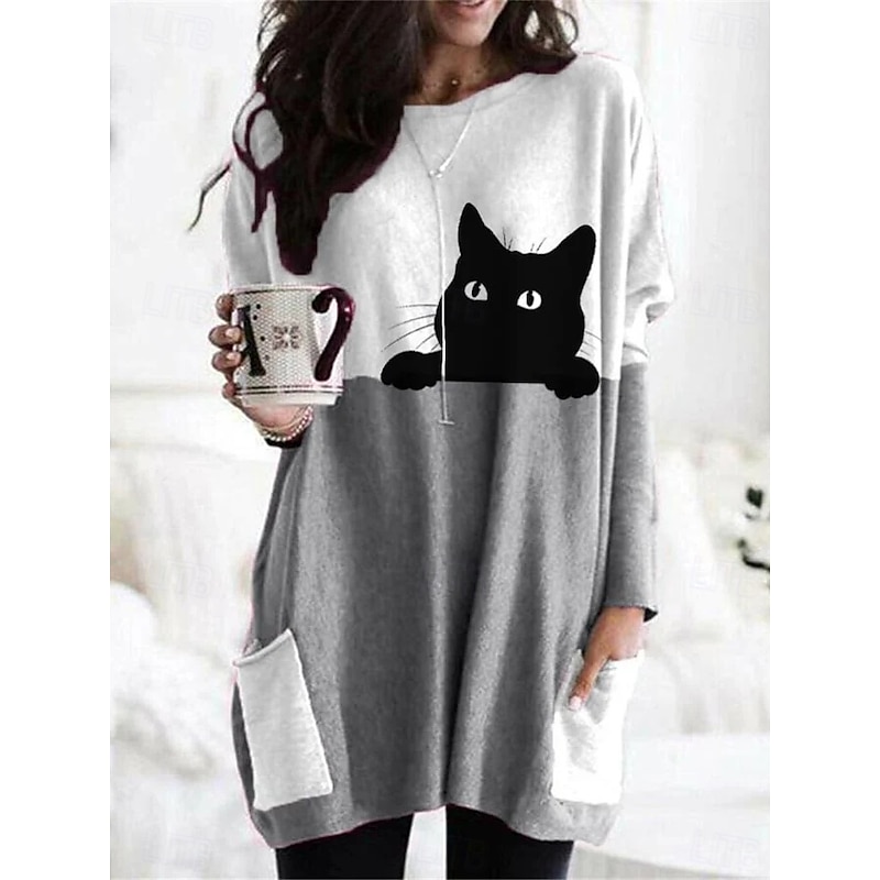 Women's T Shirt Graphic Animal Vintage Fashion Stylish Long Sleeve Crew Neck Long Tops Daily Going out Weekend Pocket Print Blue Dark Gray Beige Gray Spring Fall