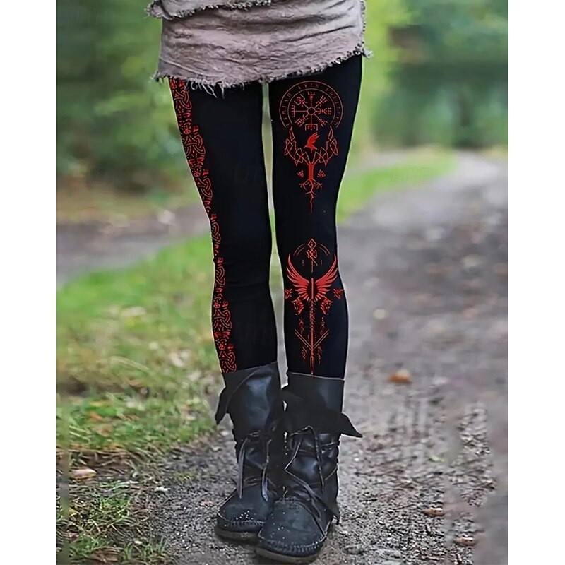 Women's Chinos Leggings Cozy Leggings Vintage Ethnic Style Basic Full Length High Waist Graphic Printing Thermal Warm Comfortable Stretchy Vacation Street Casual Red Fall Winter Slim Fit