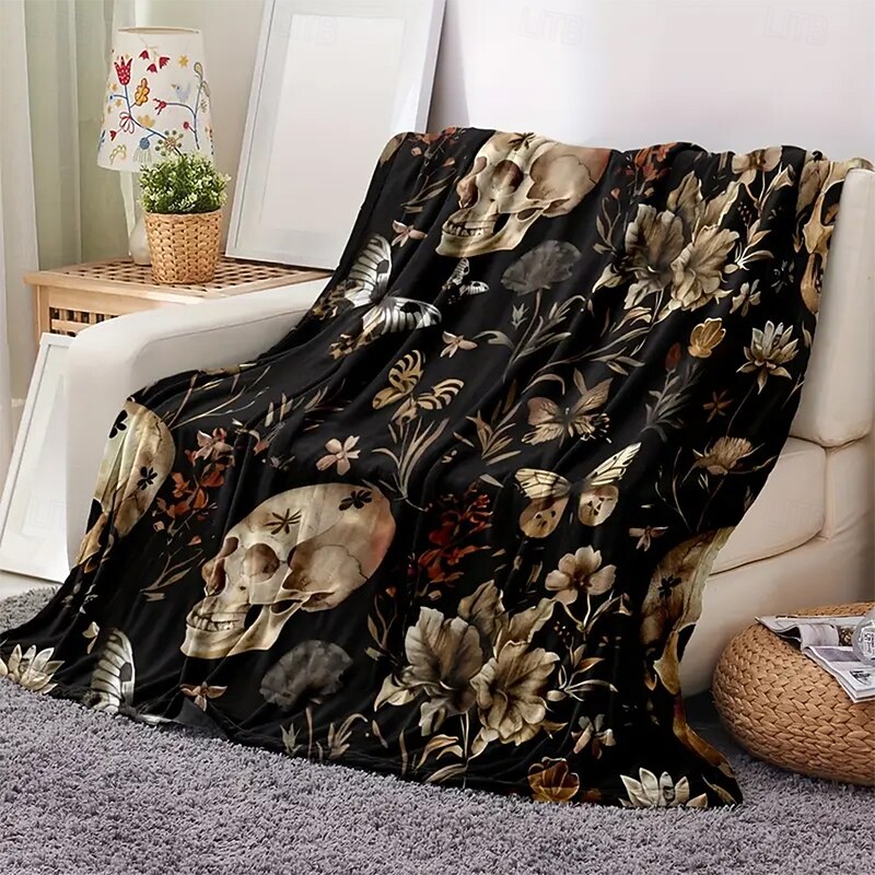 Halloween Fleece Throw Blanket for Couch Skeleton Flower Rustic Cottagecore Dark Punk Gothic Style Party Sofa Bed Decorative Warm Blanket Home Decor2