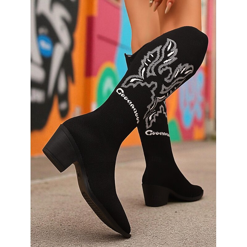 Women's Black Knit Knee High Boots with Embroidered Western Design – Comfortable Block Heel Cowboy Style Boots for Casual Streetwear and Festivals4