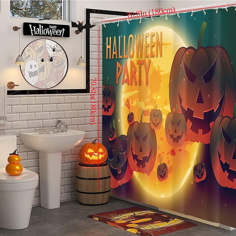 Halloween Shower Curtains Haunted Castle Pumpkin Bats Full Moon Flying Witch Skull Heads Waterproof Polyester Fabric Bathroom Decor Set with 12 Hooks Spooky Horror Holiday Seasonal Decoration4