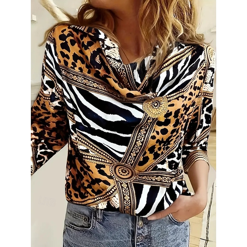 Women's Shirt Leopard Geometric Elegant Daily Long Sleeve Cowl Neck Regular Tops Work Daily Evening Party Draped Brown Spring Fall Winter Spring, Fall, Winter, Summer
