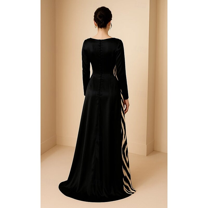 Black Leopard Print Sheath / Column Evening Gown Elegant Formal Dress Formal Wedding Sweep / Brush Train Long Sleeve Boat Neck Satin with Ruched Print 20252