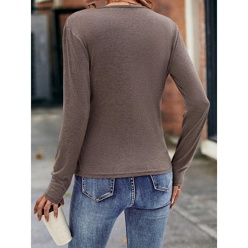 Women's Blouse Solid Color Stylish Casual Long Sleeve V Neck Regular Tops Daily Ruched Camel Spring Fall2