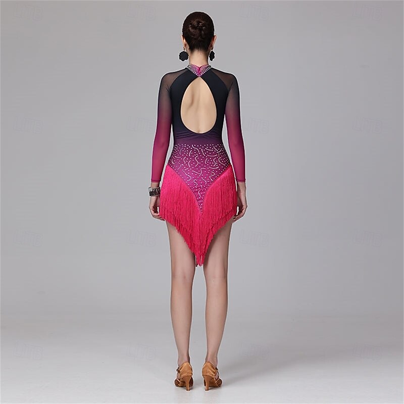 Women's Ombre Pink and Black Latin Dance Dress with Rhinestone Detailing, Long Sleeves, Fringed Skirt - Perfect for Salsa, Rumba, and Performance Wear3