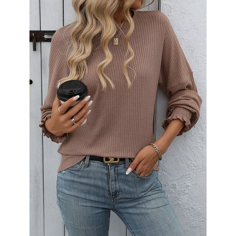 Women's Blouse Solid Color Stylish Casual Long Sleeve Crew Neck Regular Tops Daily Black Army Green Brown Green Khaki Spring Fall3