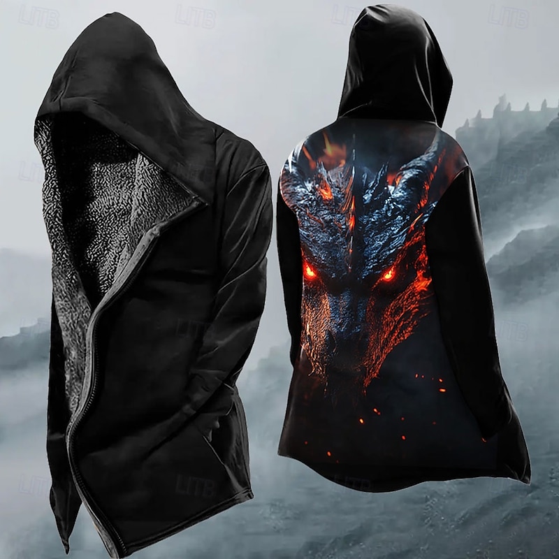 Men Dragon Winter Coat Fleece Jacket Coat Thermal Warm Comfortable Casual Dark Street Daily Wear Zipper Pocket 3D Print Fall Winter Hooded Long Sleeve Black2