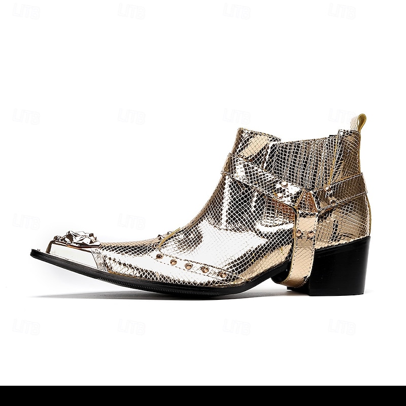 Men's Premium Cowhide Gold Croc Embossed Leather Chelsea Boots, Fashion Motorcycle Dress Boots for Biker Style, Concerts, Nightlife and Special Events4