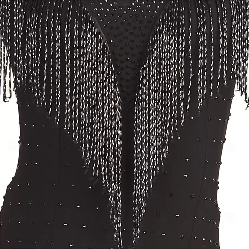 Women's Black Ballroom Dance Dress with Rhinestone Fringe Detail, Long Sleeves, and V-Neck – Ideal for Latin, Tango, and Performance Wear3