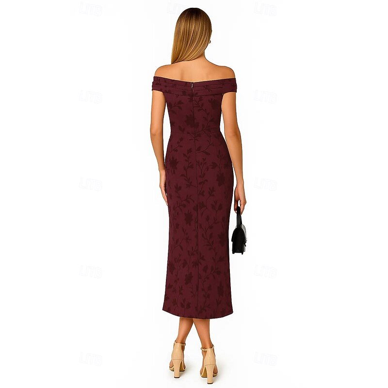 Floral Sheath / Column Cocktail Dresses Elegant Formal Dress Formal Wedding Tea Length Midi Length Sleeveless Off Shoulder Velvet with Pleats 20253