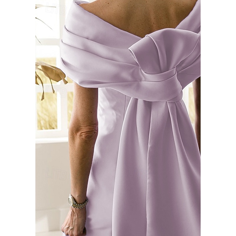 A-Line Mother of the Bride Evening Gown Elegant Dress Formal Floor Length Sleeveless Off Shoulder Satin with Bow(s) Pleats2