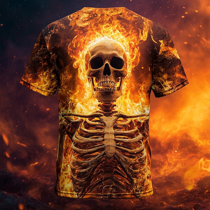 Halloween Men's Optical Illusion Hellfire Flames 3D Skeleton T Shirt Short Sleeve T shirt 3D Print Crew Neck Shirt Exaggerated Designer Horror Party Street Holiday Orange 3 Orange Orange 2 Summer2