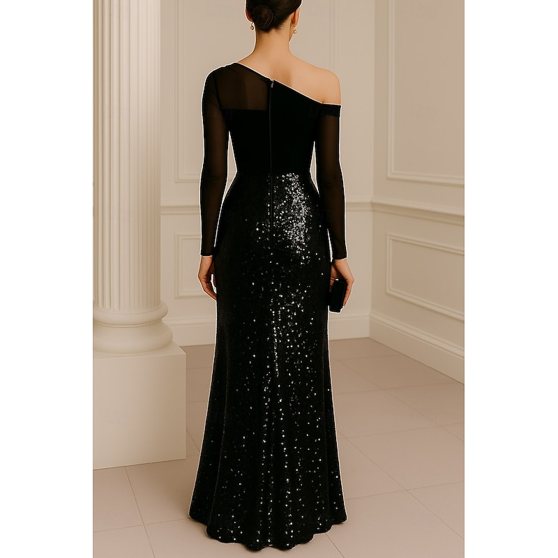 Black Gown A-Line Evening Gown Elegant Formal Dress Formal Wedding Floor Length Long Sleeve Off Shoulder Pocket Sequined with Glitter Pleats 20252